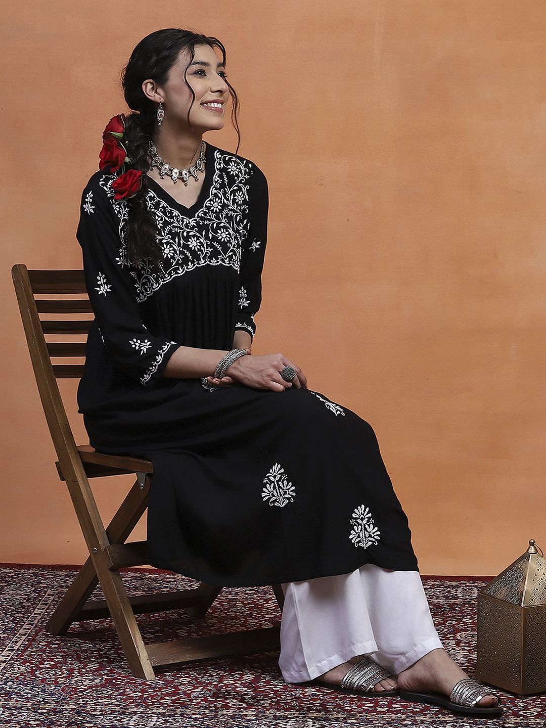 

House of Chikankari Women Ethnic Motifs Embroidered Kurta, Black