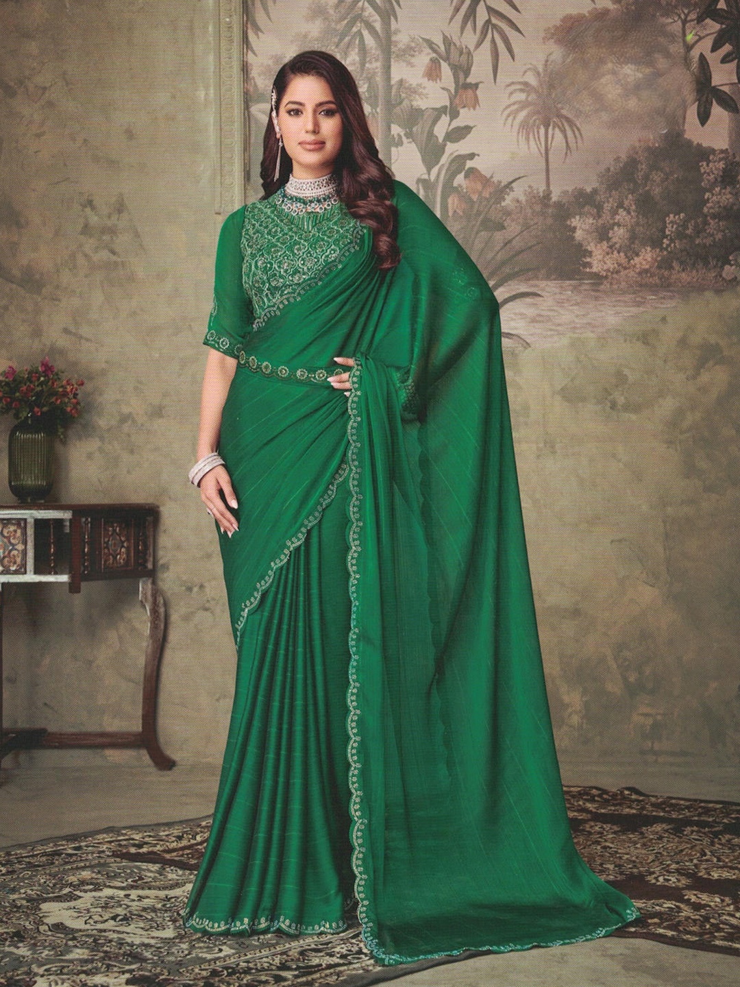 

SHOPPKEE Sequinned Organza Banarasi Saree, Green