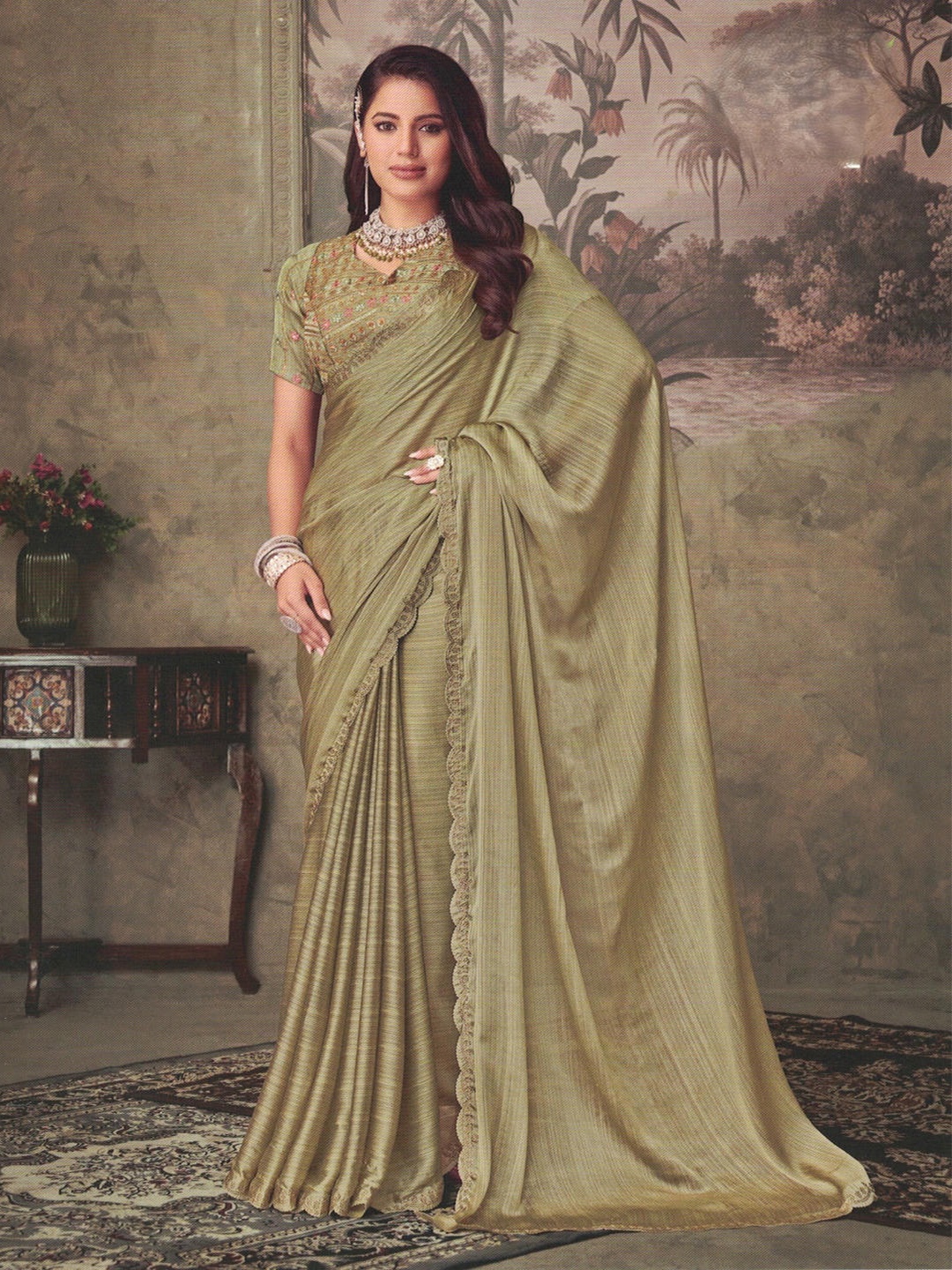 

SHOPPKEE Sequinned Organza Ready to Wear Banarasi Saree, Khaki