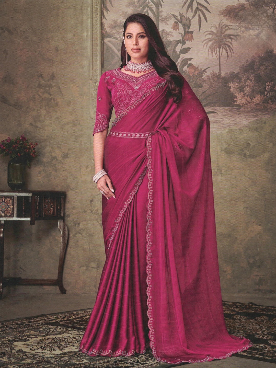 

SHOPPKEE Sequinned Organza Banarasi Saree, Pink
