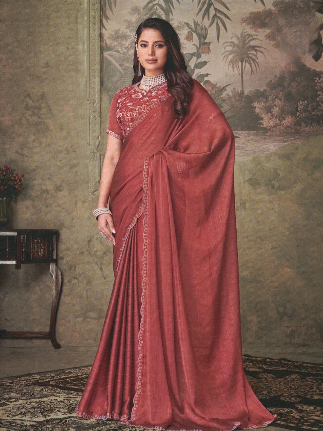 

SHOPPKEE Sequinned Organza Ready to Wear Banarasi Saree, Red