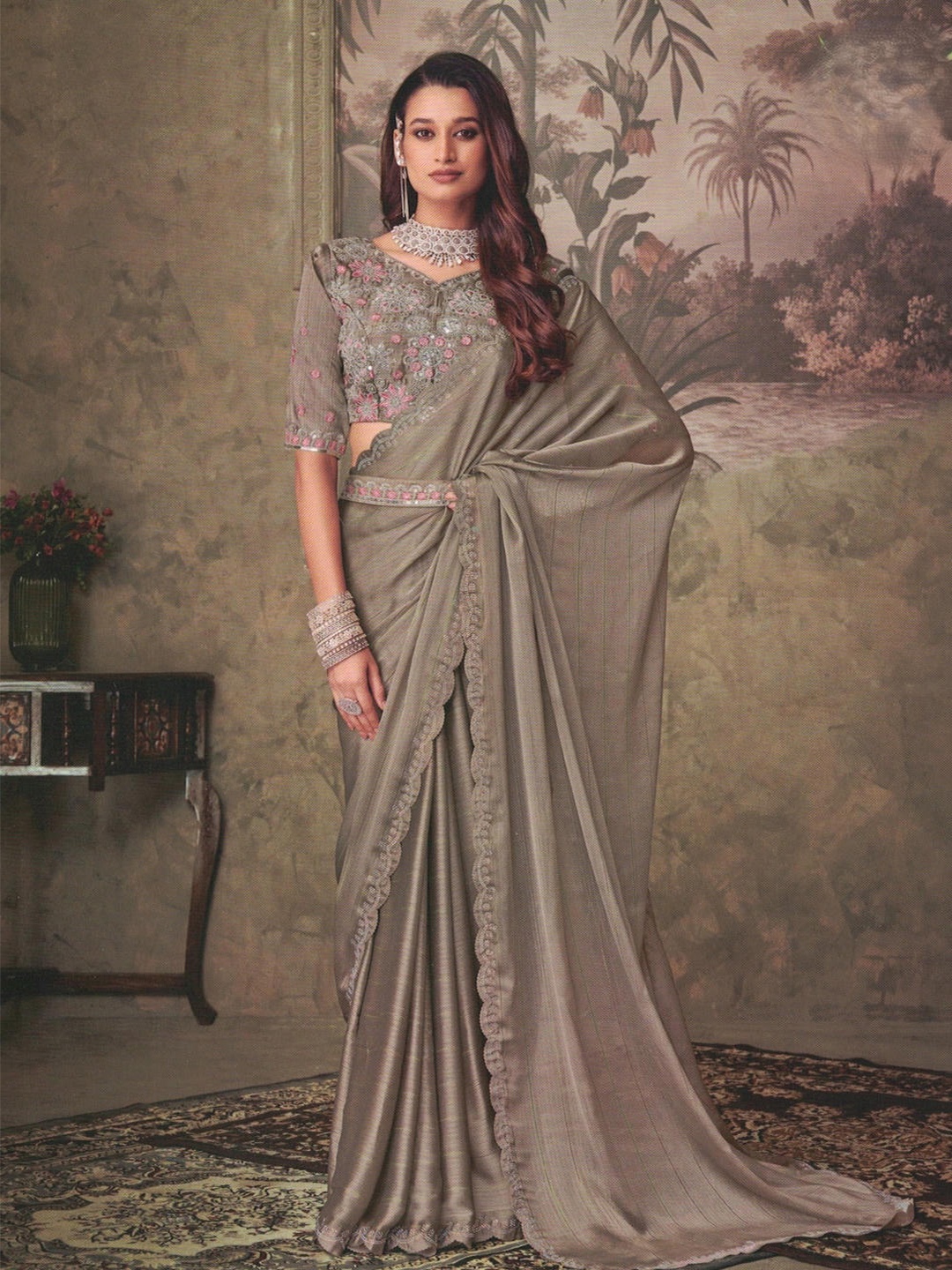 

SHOPPKEE Sequinned Organza Banarasi Saree, Grey