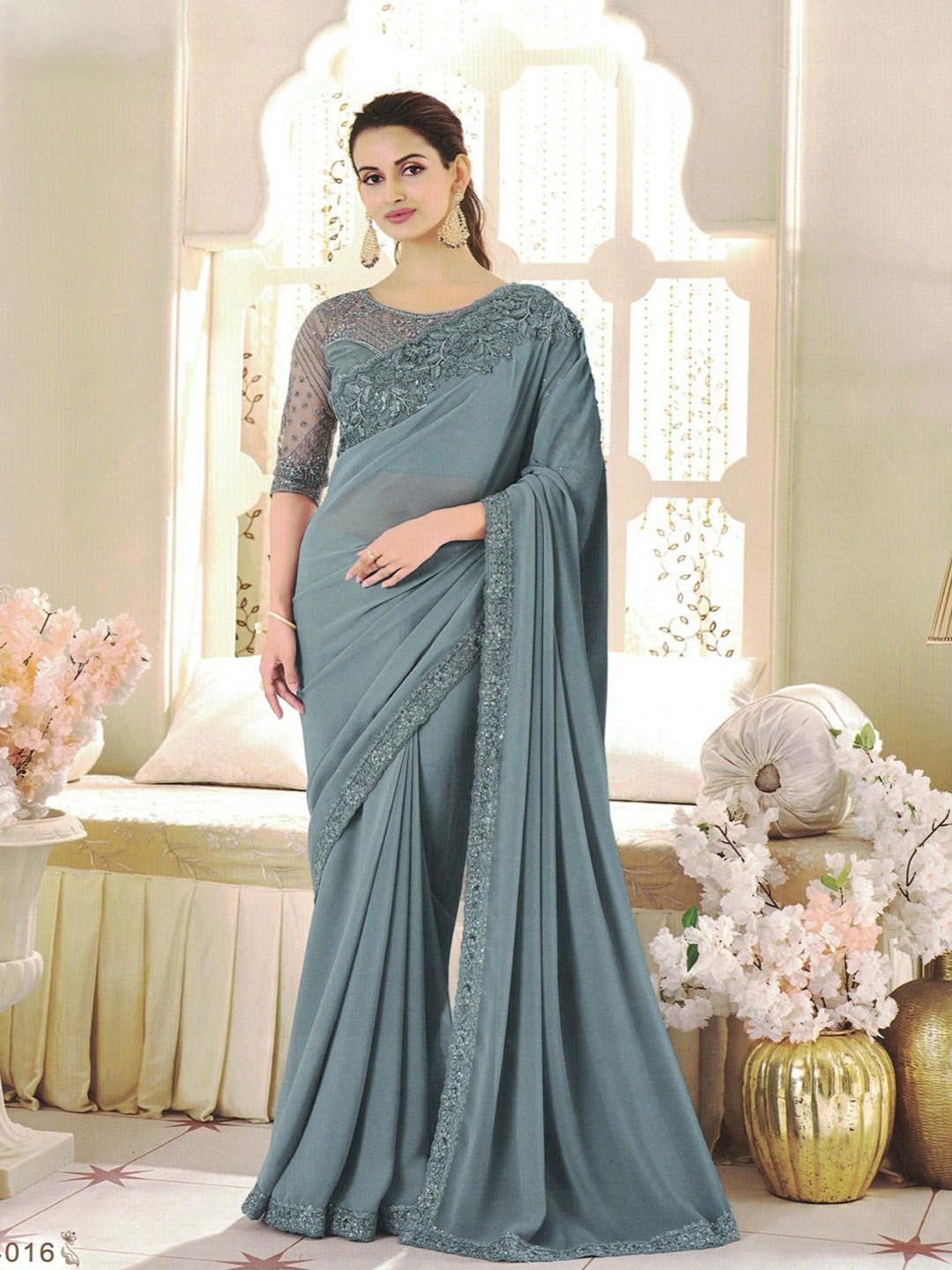 SHOPPKEE Embellished Embroidered Satin Banarasi Saree, Grey