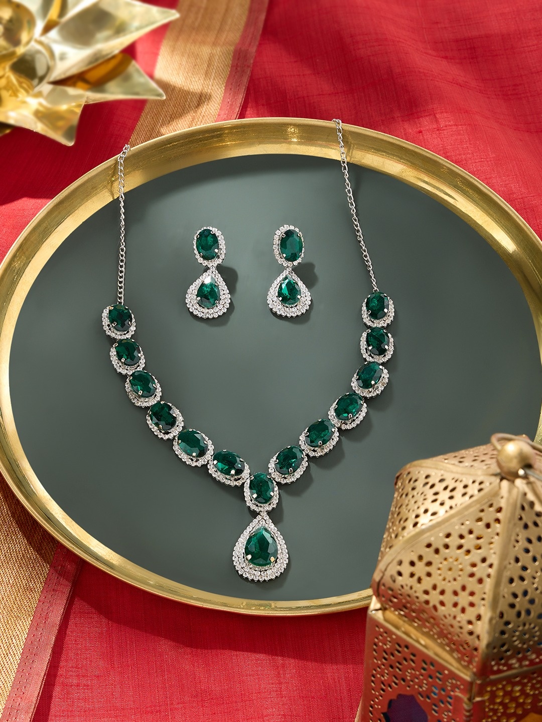 

Zaveri Pearls Silver Plated Austrian Diamond Studded Jewellery Set