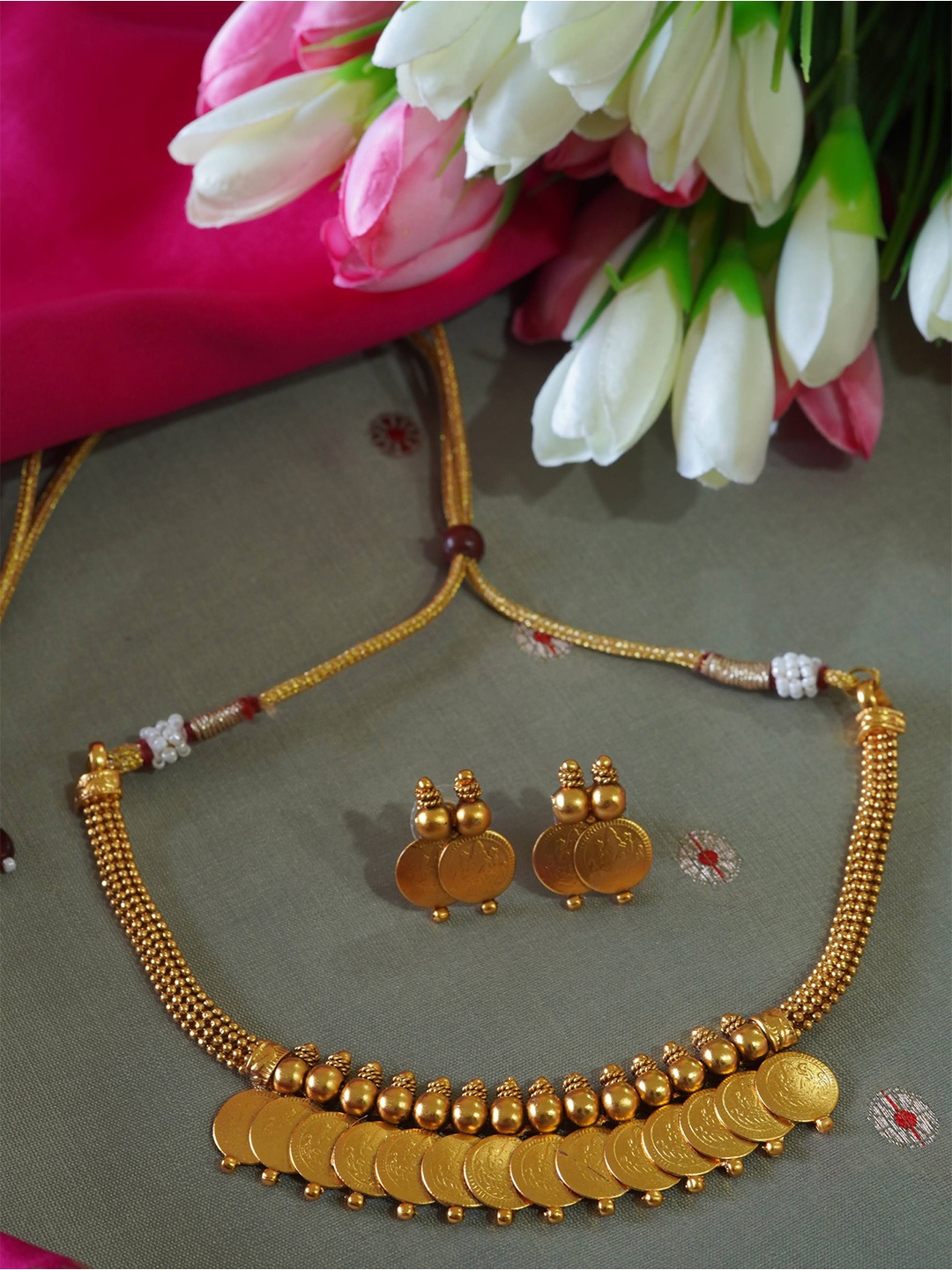 

inc63-for elites Majestic Gold-Plated Temple Laxmi Coin Necklace Set