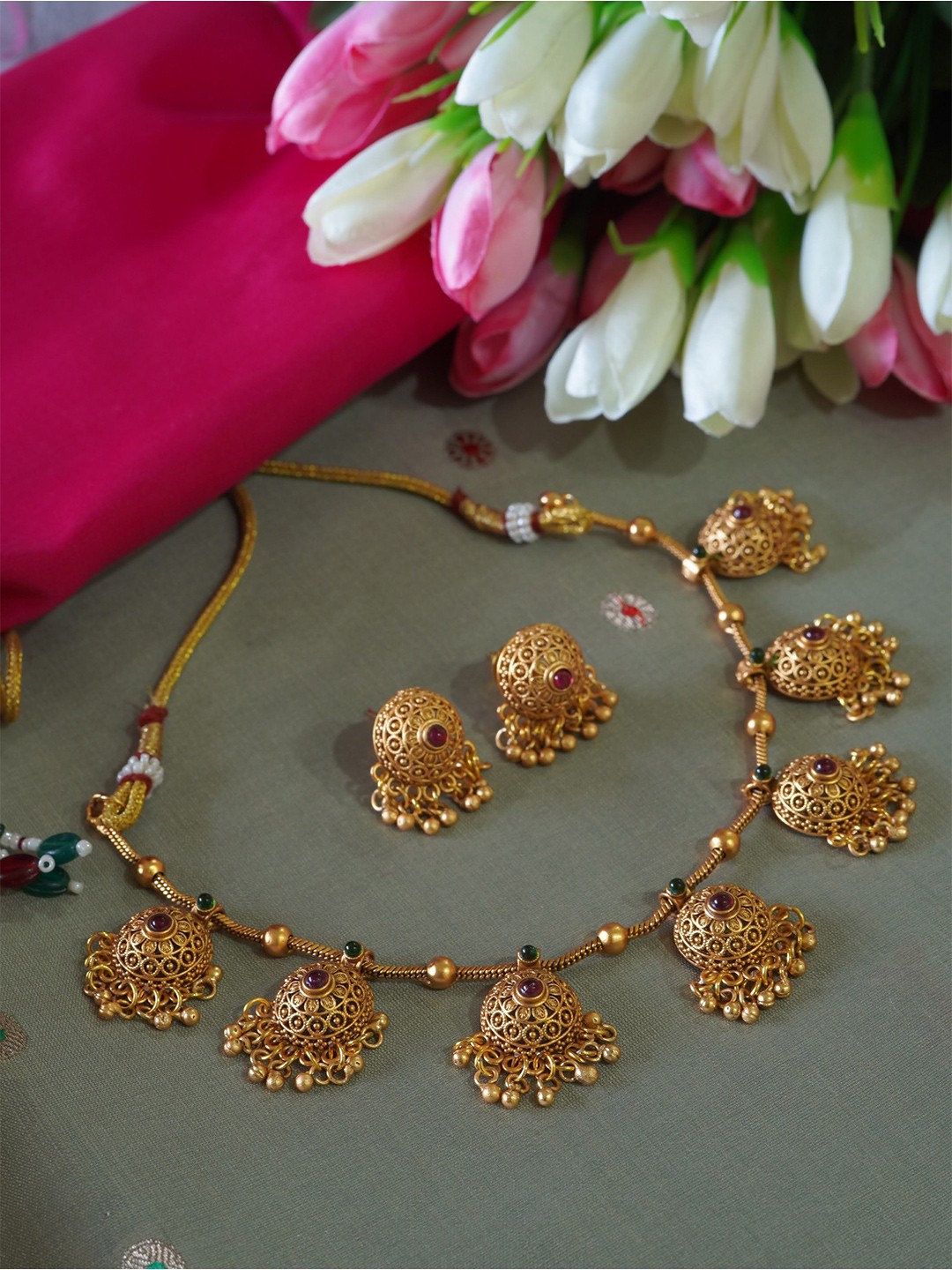 

inc63-for elites Beautiful Antique Ghungroo Accents Traditional Necklace Set, Gold