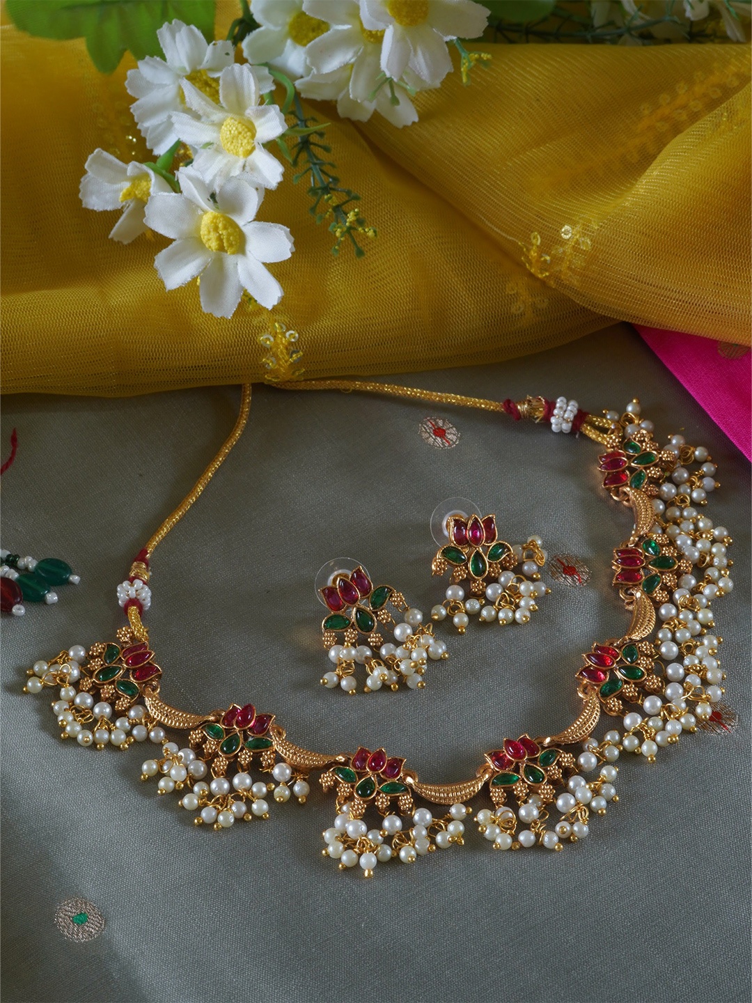 

inc63-for elites Vibrant Kemp Stones Studded & Beaded Lotus Necklace Set, Gold