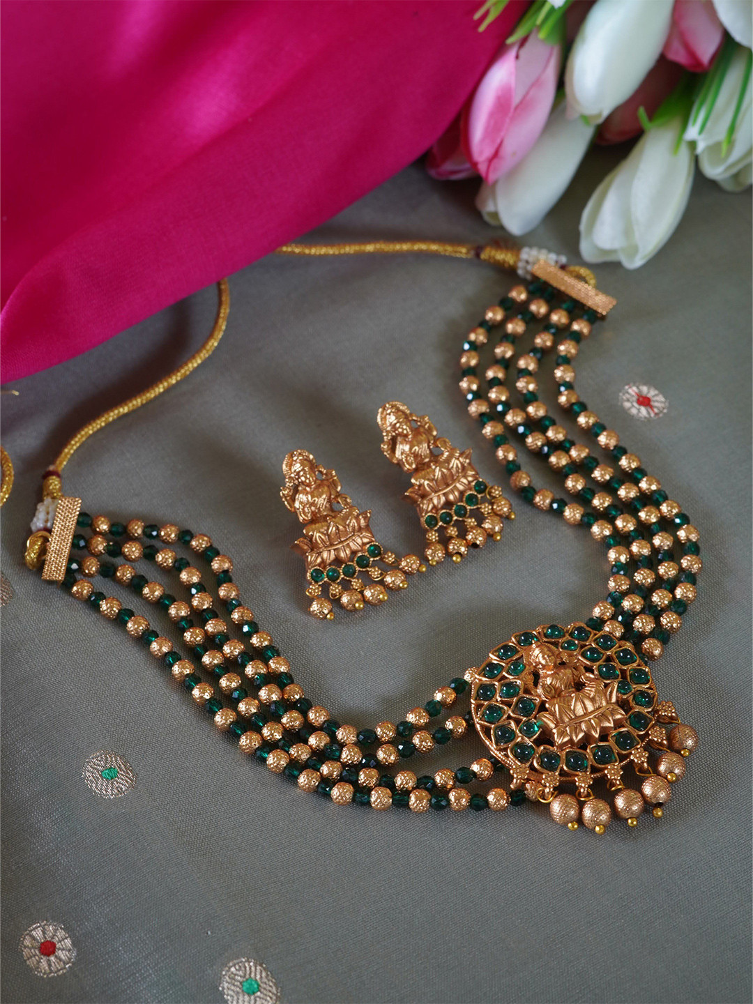 

inc63-for elites Green & Golden Beaded Laxmi Temple Choker Set, Gold
