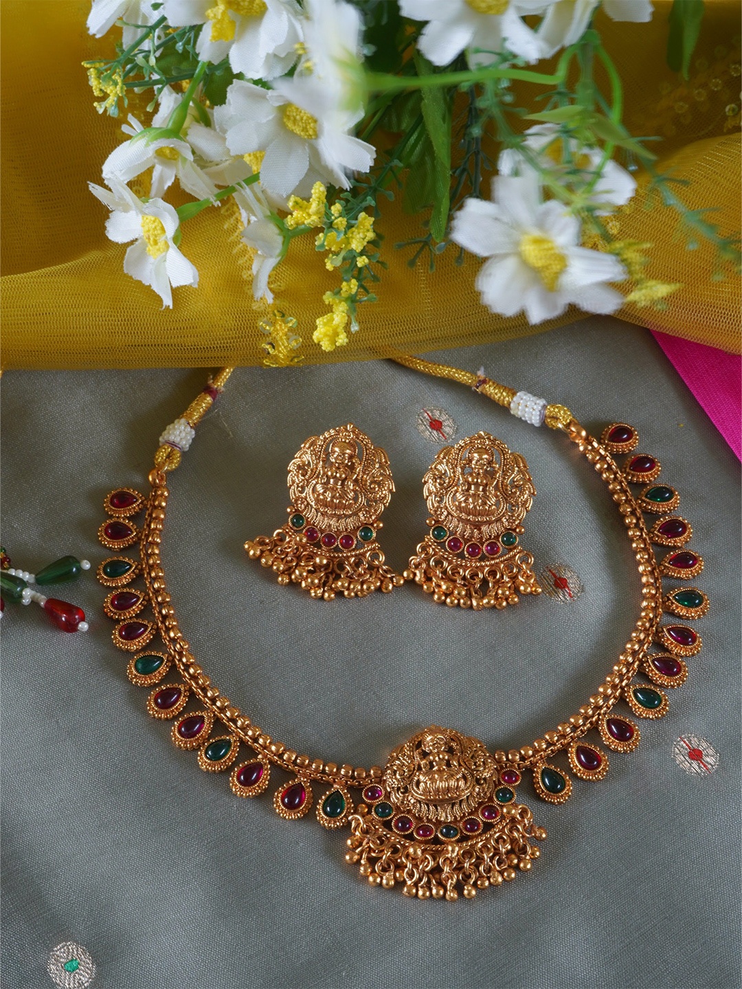 

inc63-for elites Ruby n Emerald Studded Regal Laxmi Matte Finish Gold Necklace Set