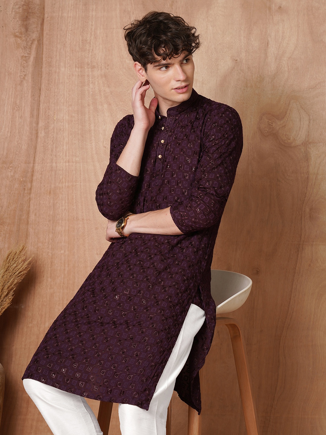 

TRYBUY.IN Men Ethnic Motifs Printed Chikankari Indie Prints Kurta, Purple