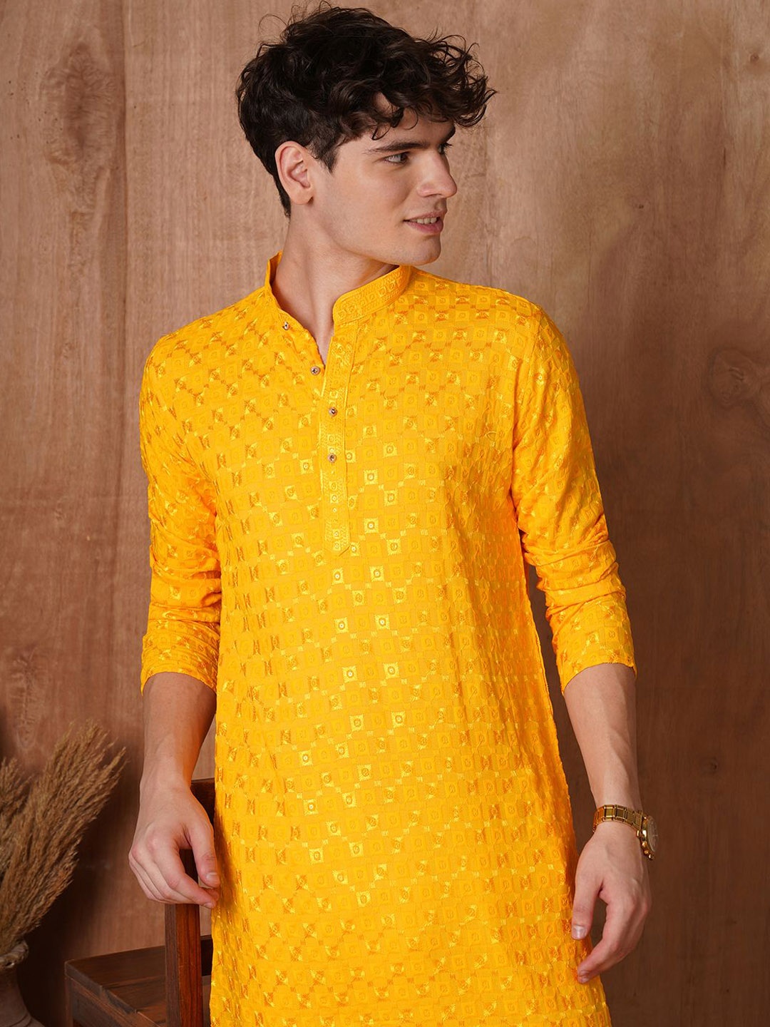

TRYBUY.IN Men Ethnic Motifs Printed Chikankari Indie Prints Kurta, Yellow