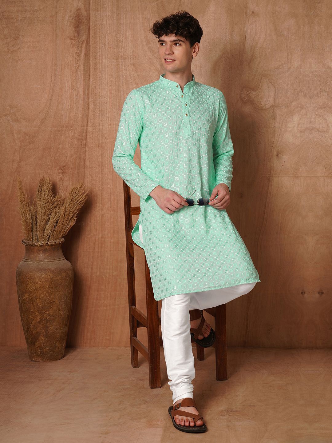 

TRYBUY.IN Men Ethnic Motifs Printed Chikankari Indie Prints Kurta, Lime green