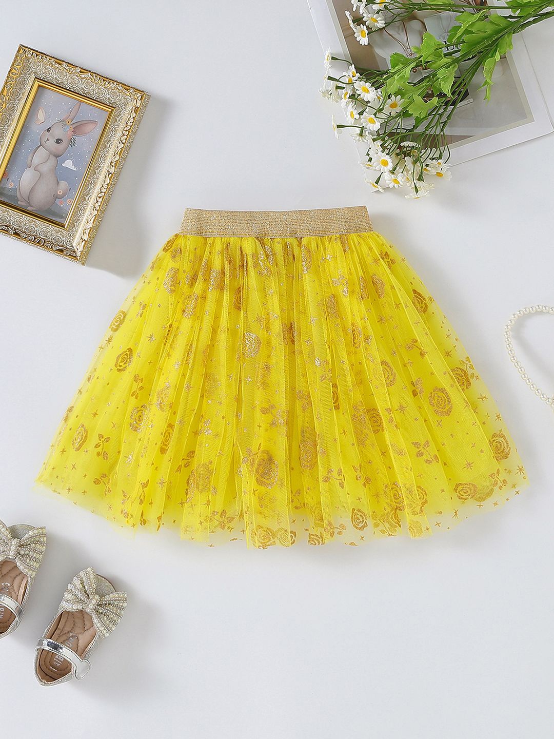 

YK Girls Printed Flared Mini Skirt, Yellow