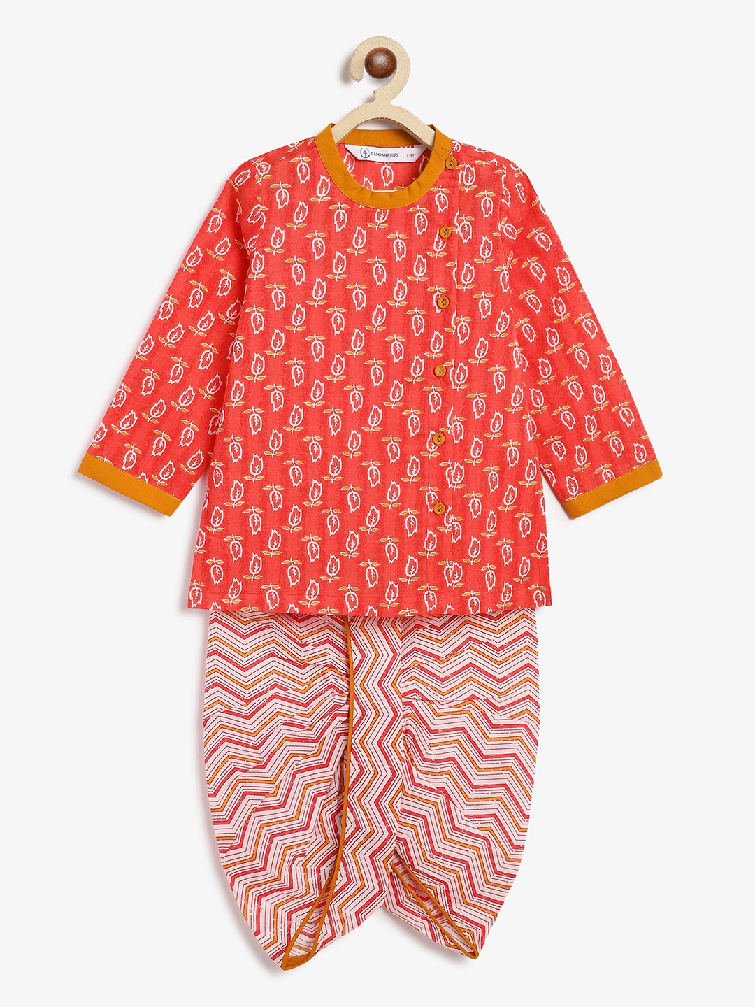 

Campana Boys Floral Printed Angrakha Pure Cotton Straight Kurta With Dhoti Pants, Red