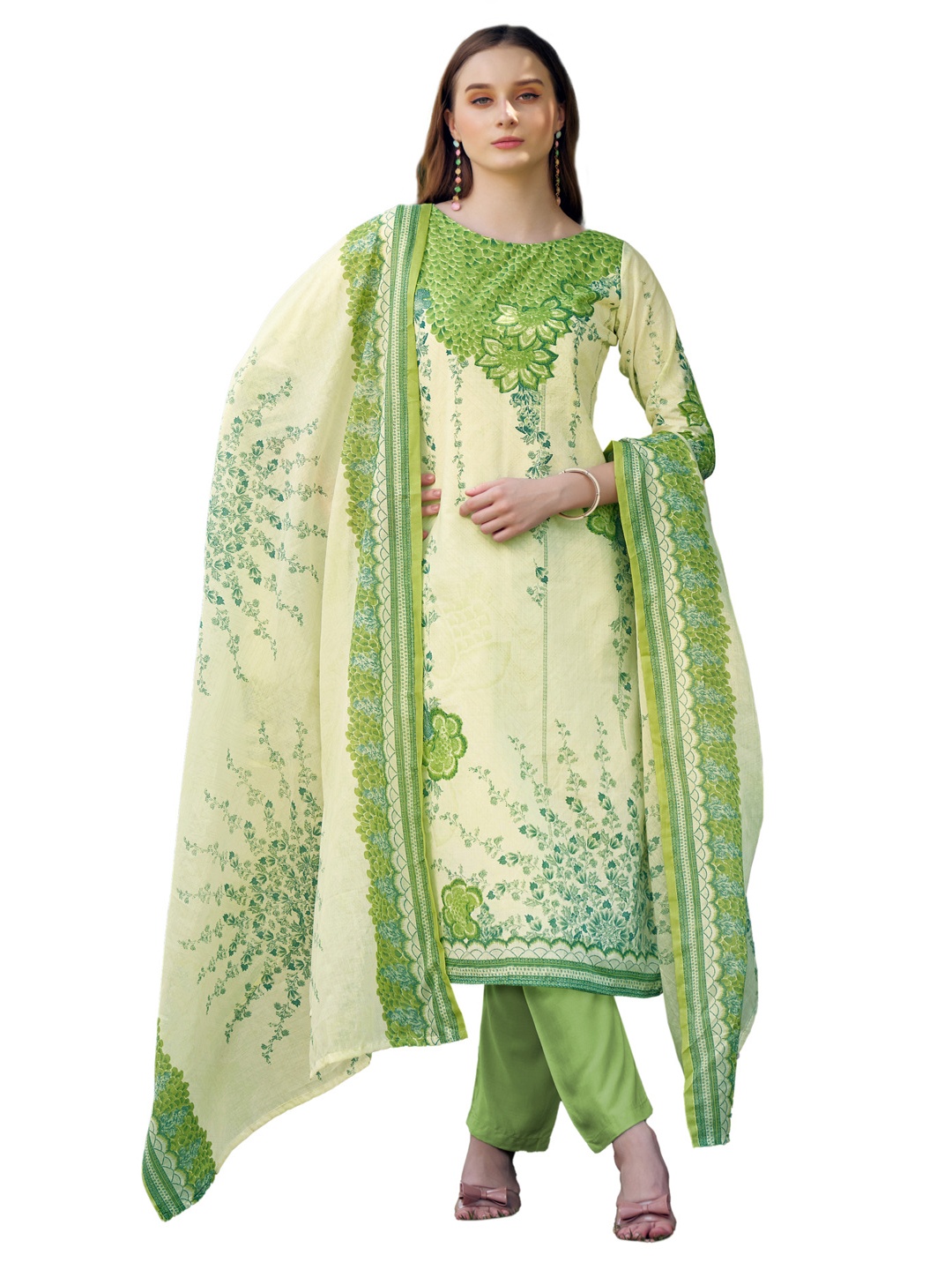 

DRAVINAM Trends Printed Pure Cotton Unstitched Dress Material, Green