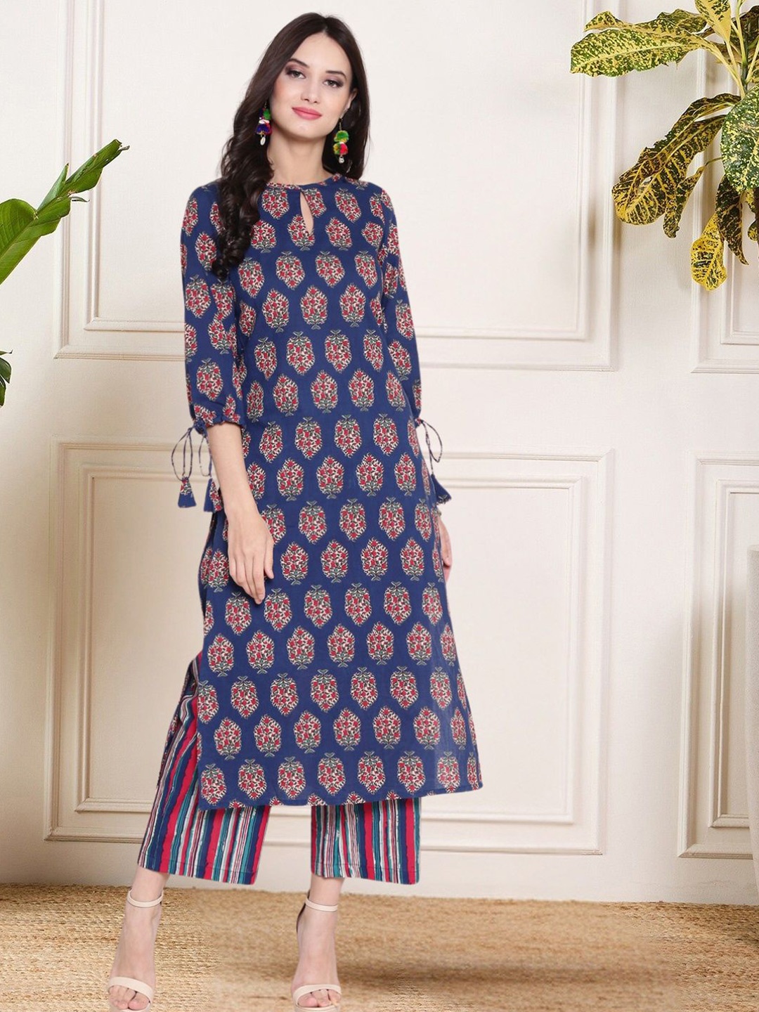 

Sera Printed Pure Cotton Round-Neck Top With Palazzos Co-Ords, Navy blue