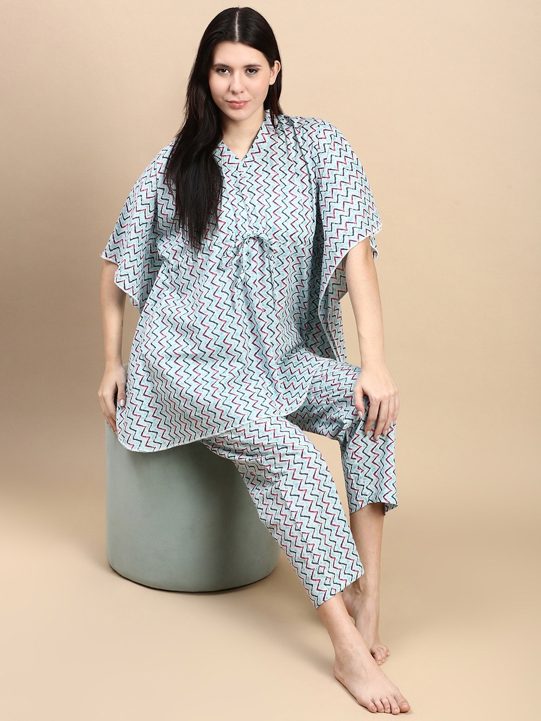 

ETC Women Printed cotton relaxed fit thigh length Kaftan nightdress, Blue