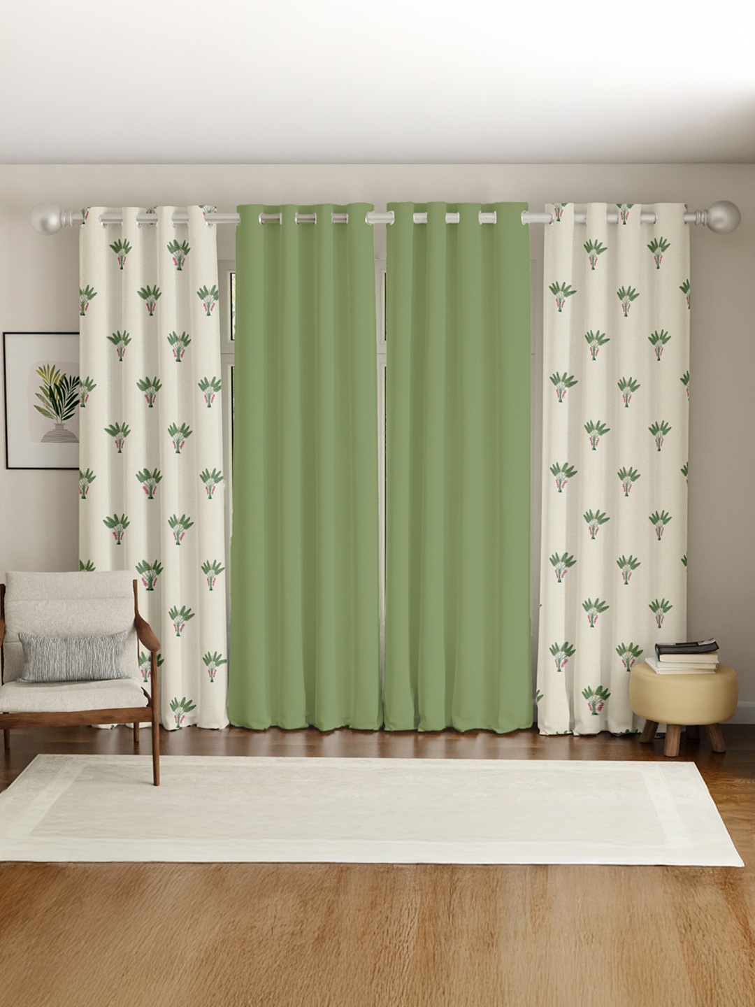 

URBAN SPACE Green & White Set of 4 Floral Window Curtain