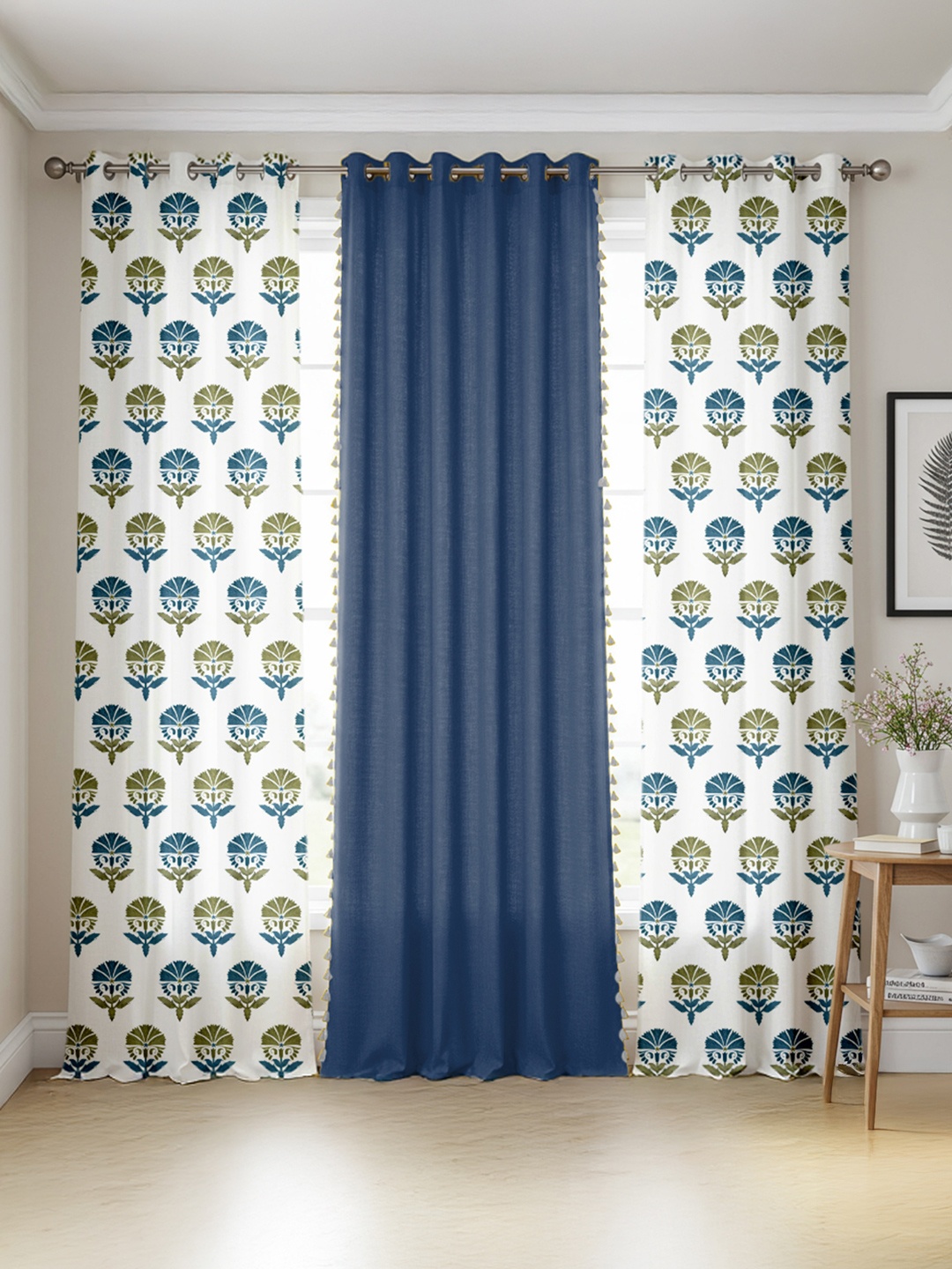 

URBAN SPACE Blue & White Set of 3 Ethnic Motifs Long Door Curtain
