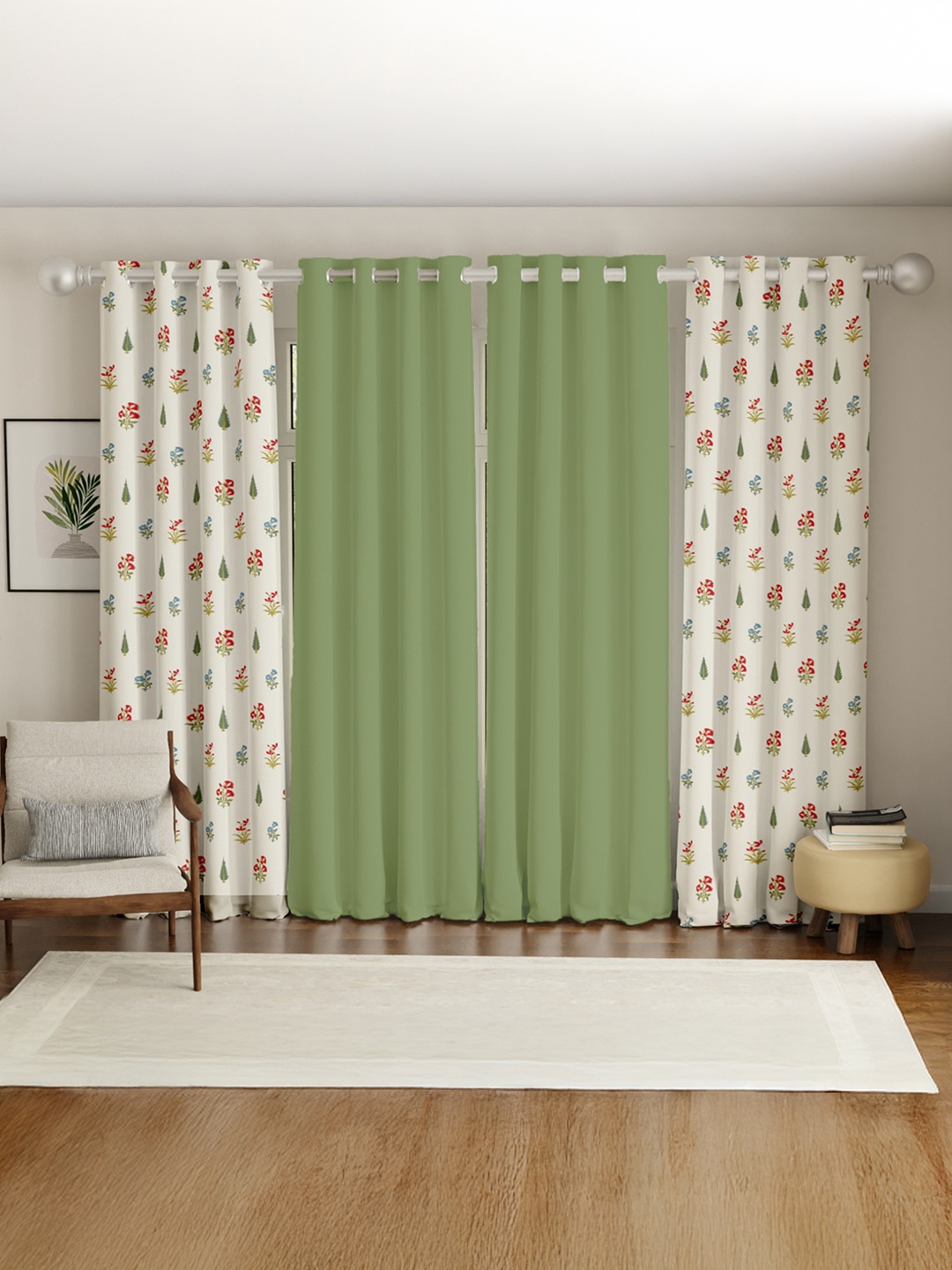 

URBAN SPACE Green & White Set of 4 Ethnic Motifs Long Door Curtain