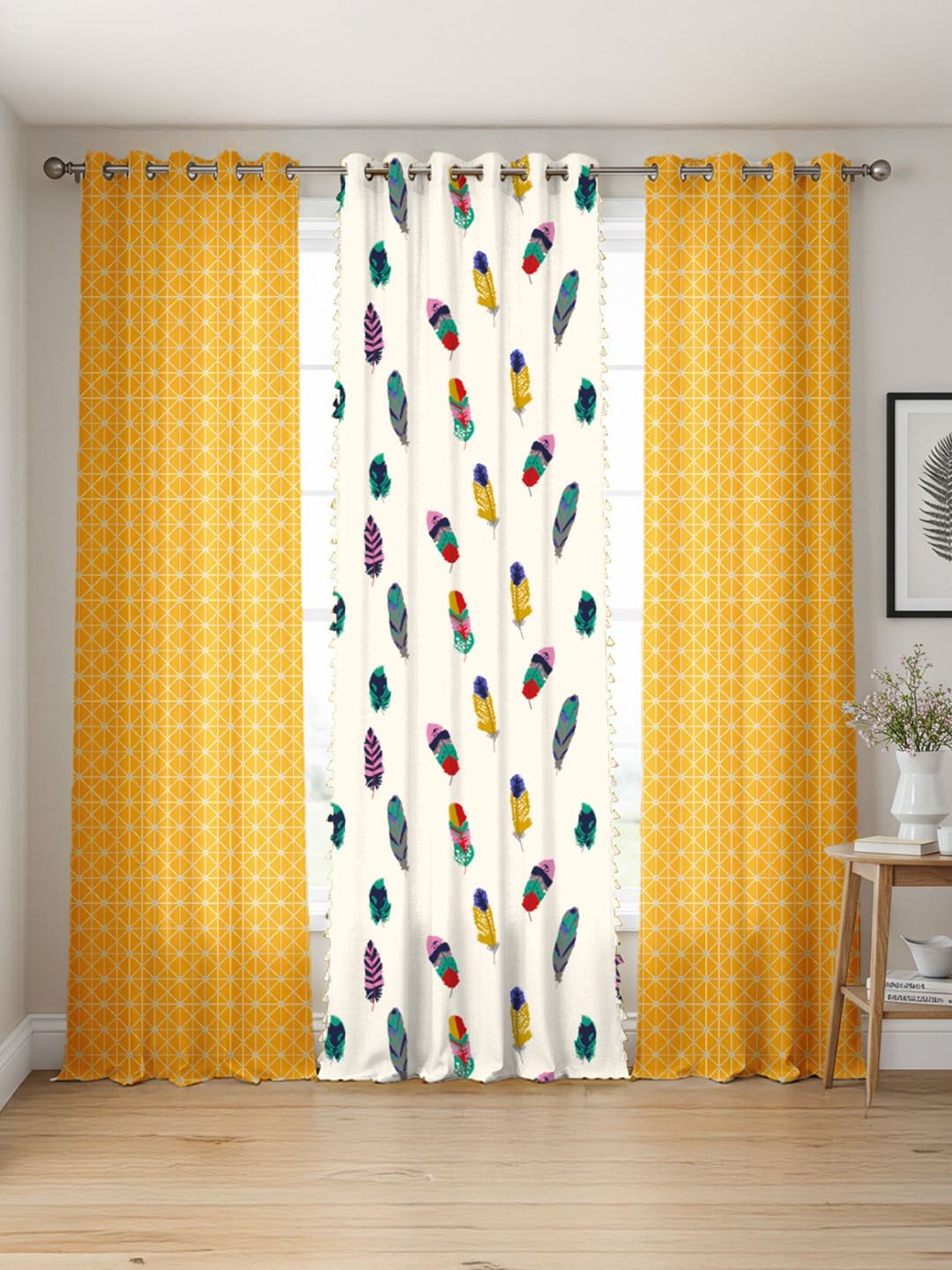 

URBAN SPACE Yellow & White Set of 3 Floral Long Door Curtain