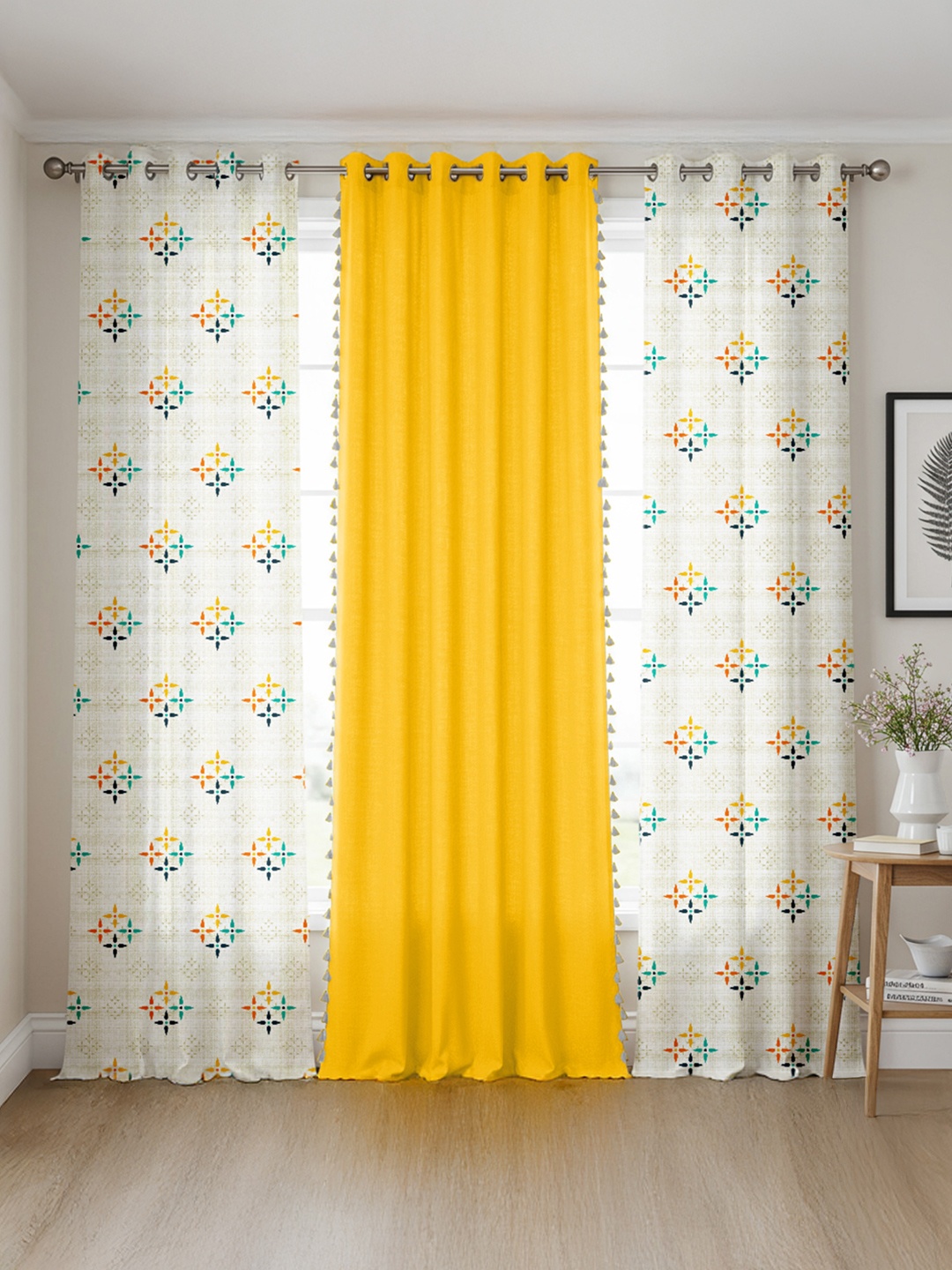 

URBAN SPACE Yellow & White Set of 3 Ethnic Motifs Door Curtain