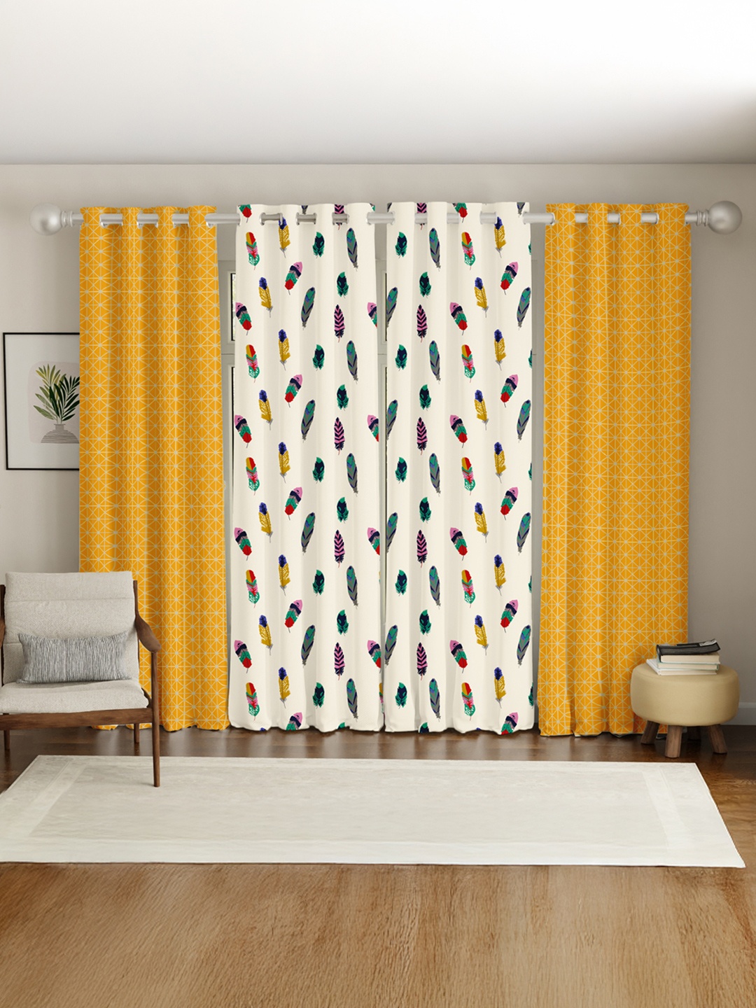 

URBAN SPACE Yellow & White Set of 4 Floral Long Door Curtain