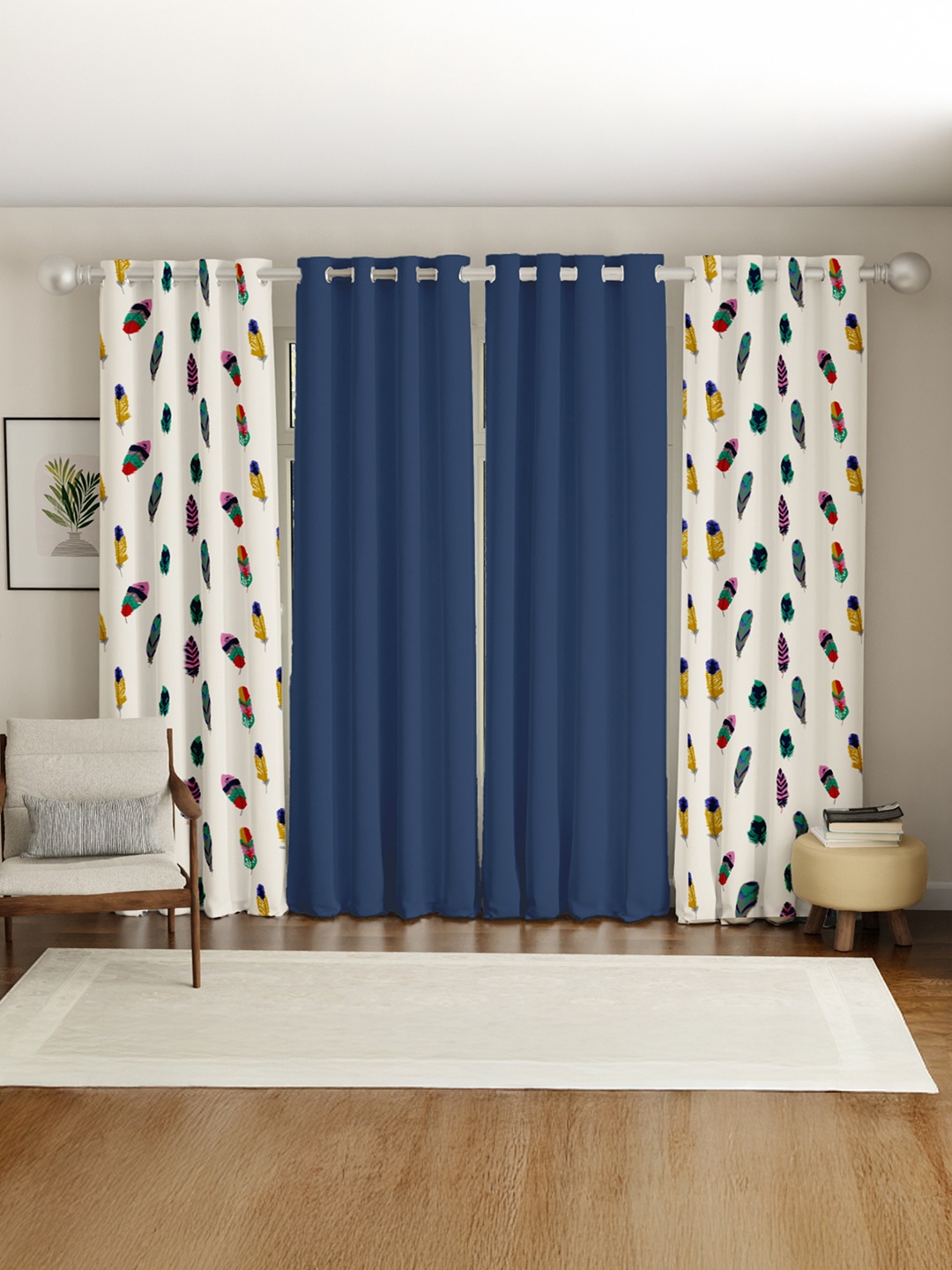 

URBAN SPACE Blue & White Set of 4 Floral Long Door Curtain