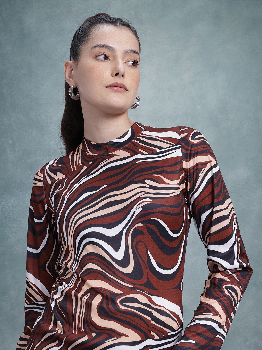 

The Roadster Lifestyle Co. Abstract Printed High Neck Top, Coffee brown