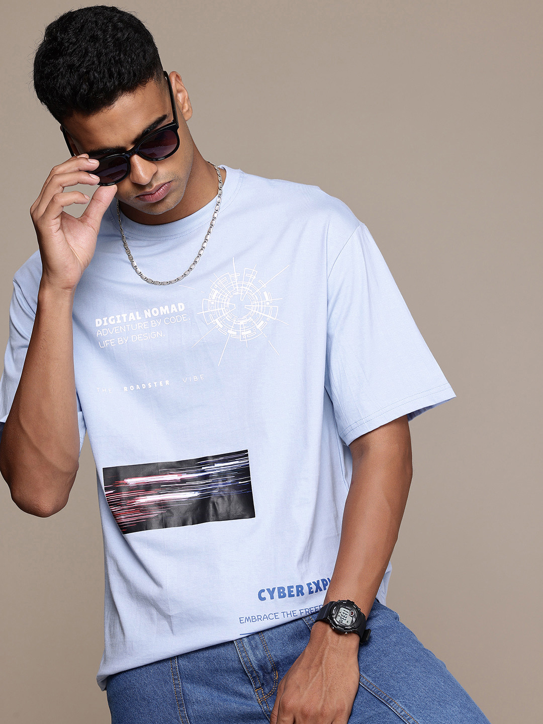 

The Roadster Lifestyle Co. Graphic Printed Drop-Shoulder Sleeves T-shirt, Blue
