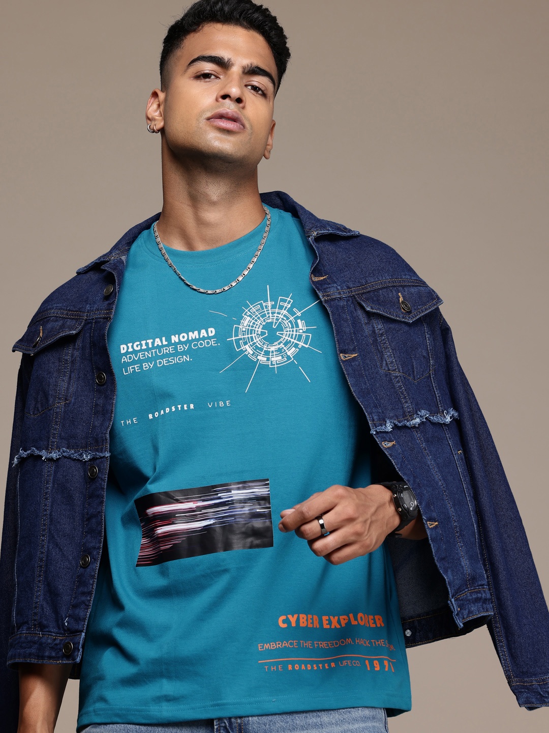 

The Roadster Lifestyle Co. Graphic Printed Drop-Shoulder Sleeves T-shirt, Teal