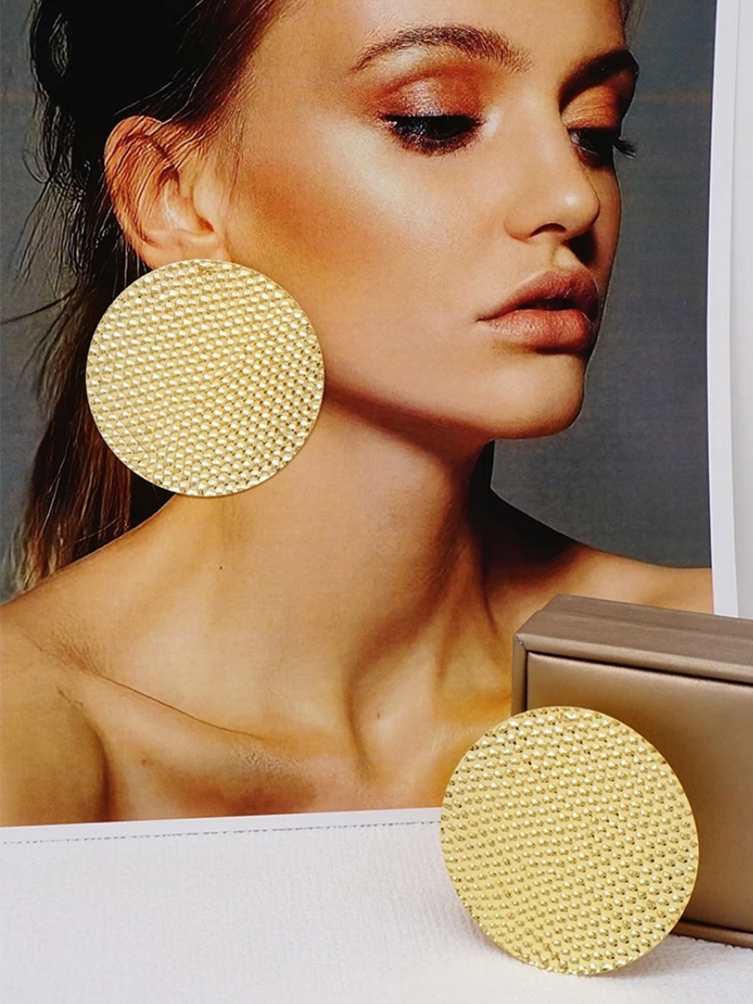 

YU FASHIONS Gold-Plated Stainless Steel Round Shaped Textured Oversized Drop Earrings