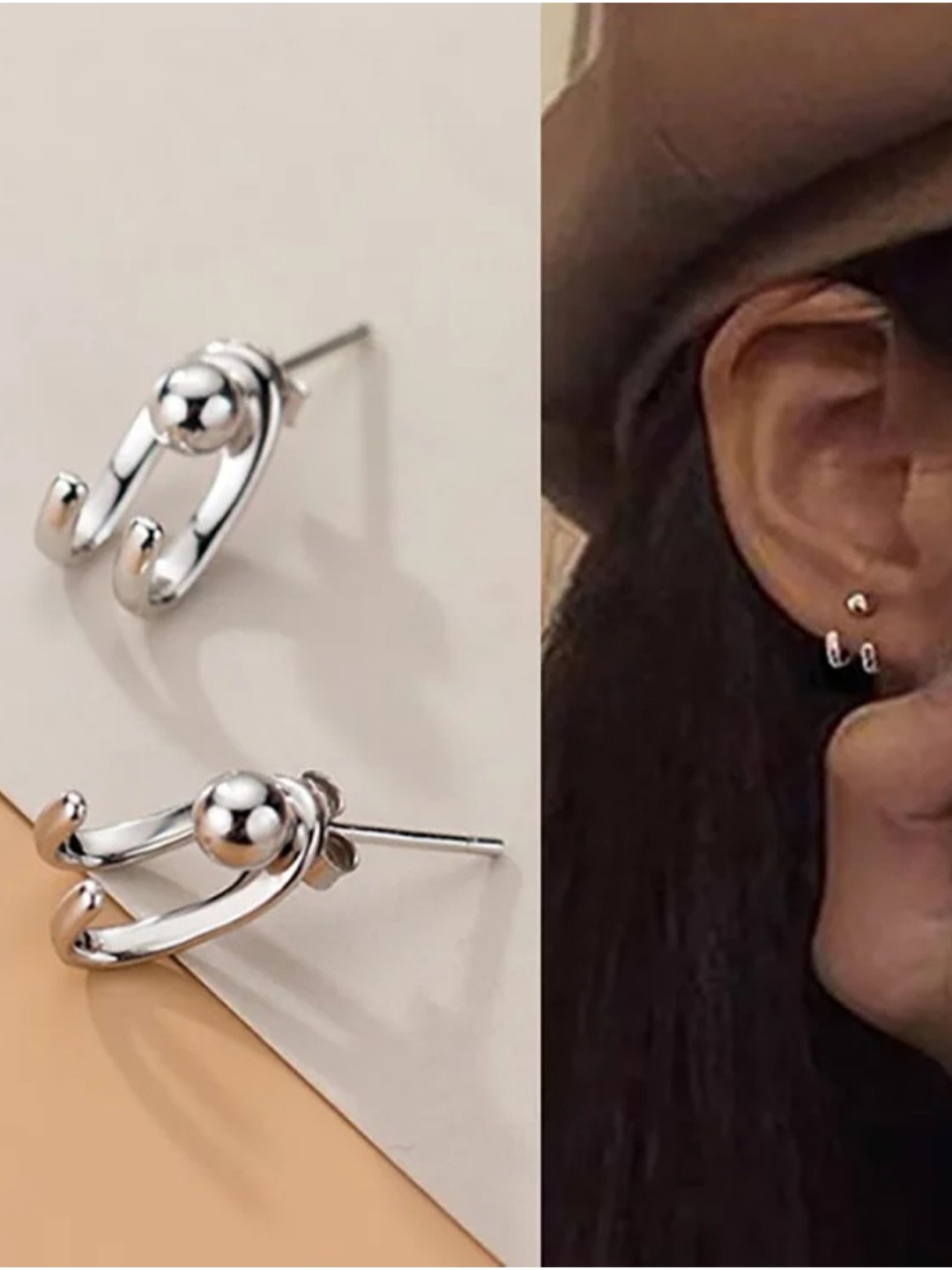 

YU FASHIONS Silver-Plated Stainless Steel Double Hook Line Light Bead C Shaped Studs