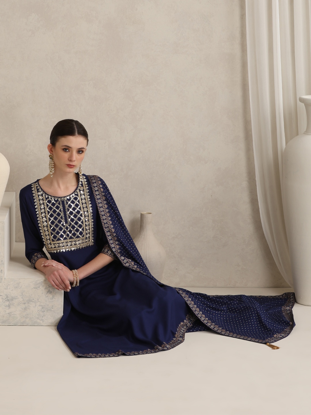 

Khushal K Floral Embroidered Sequinned Anarkali Kurta With Palazzos & Dupatta, Navy blue