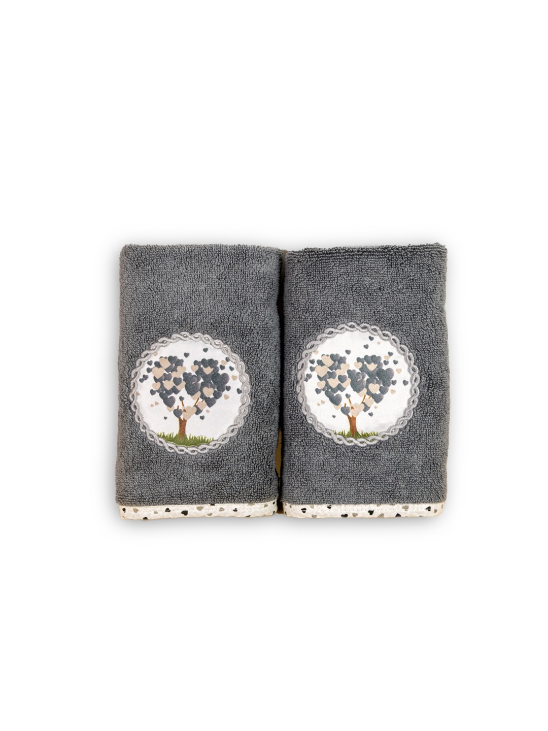

Myntra Elegant Homes 2 Pieces Grey & White Love Tree Printed Cotton 500 GSM Hand Towels