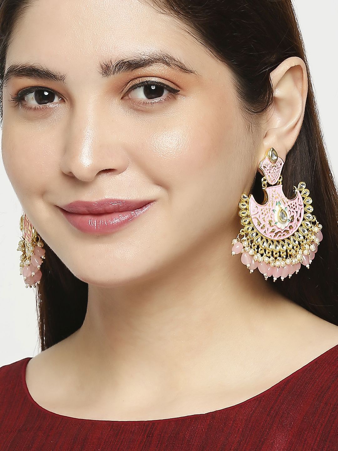 

Anouk Kundan Stone Studded Crescent Shaped Meenakari Drop Earrings, Pink