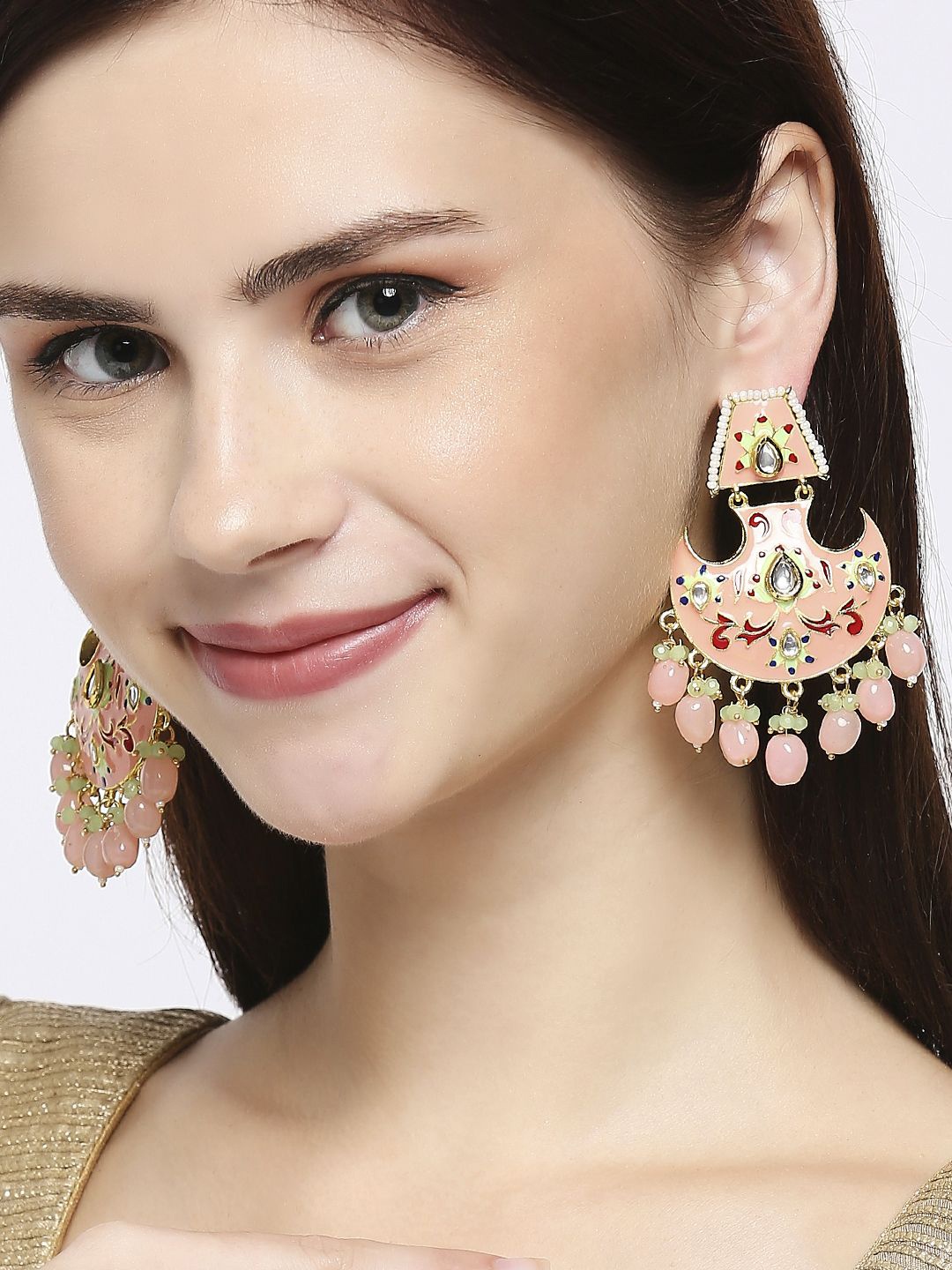 

Anouk Kundan Studded And Pearls Beaded Contemporary Shaped Meenakari Drop Earrings, Peach