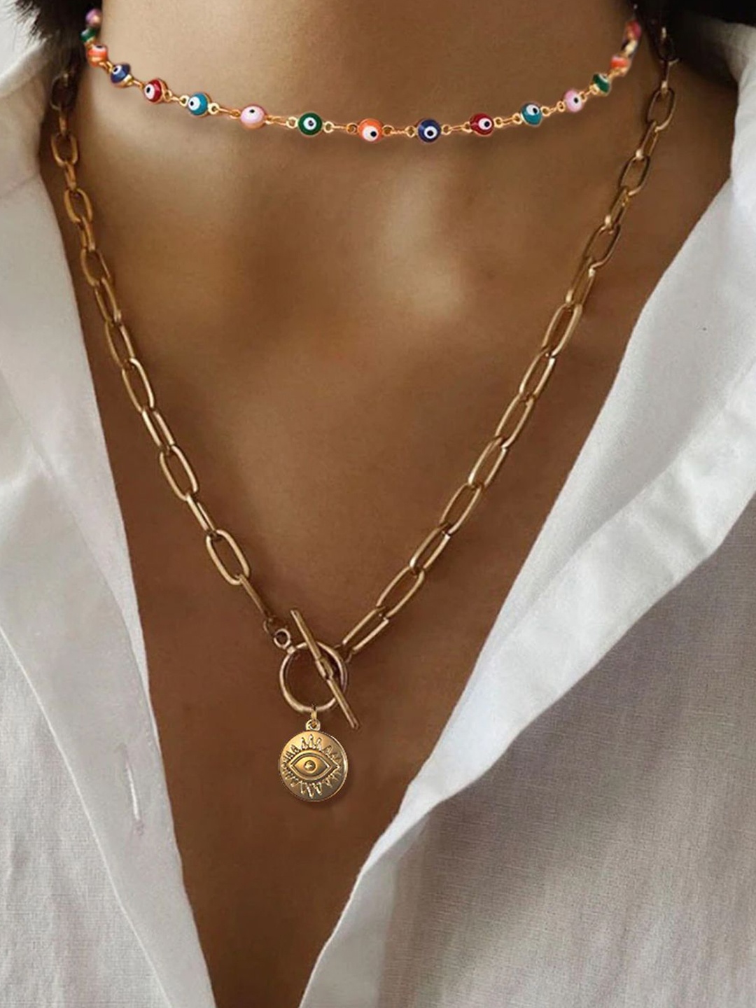 

DressBerry Set Of 2 Artificial Beads Beaded Link Chain Layered Statement Necklace, Gold