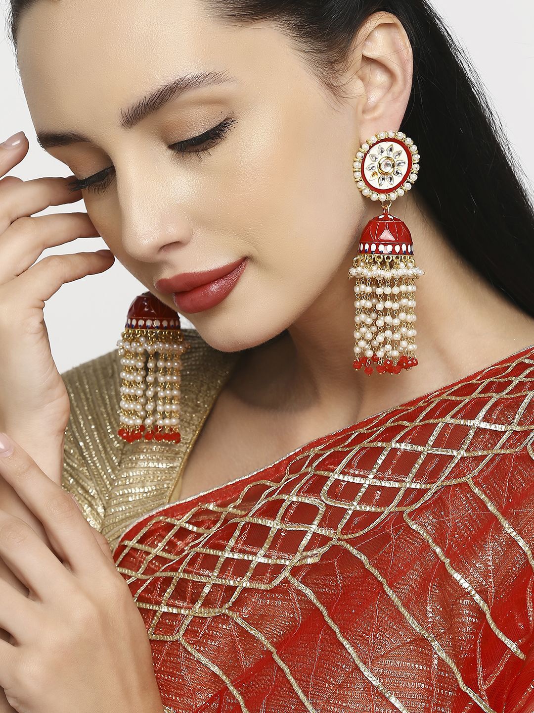 

Anouk Artificial Stones Studded and Beaded Meenakari Dome Shaped Jhumkas, Red