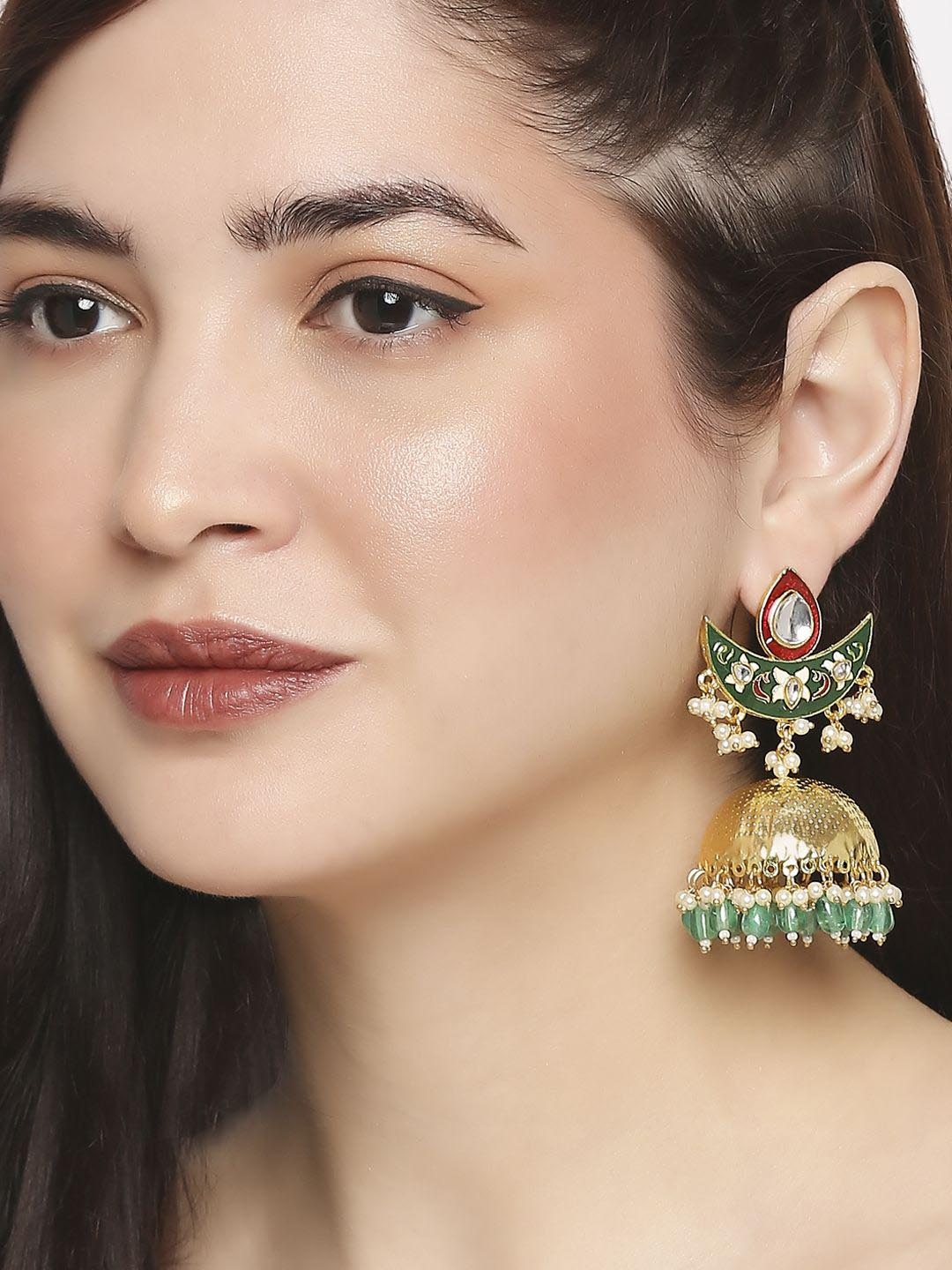 

Anouk Artificial Stones Studded & Beaded Meenakari Dome Shaped Jhumkas, Gold