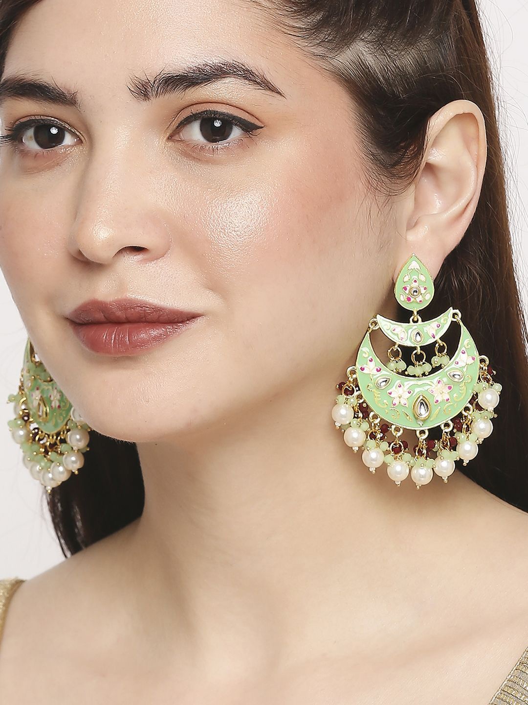 

Anouk Artificial Stones Studded and Beaded Meenakari Contemporary Shaped Chandbali, Green