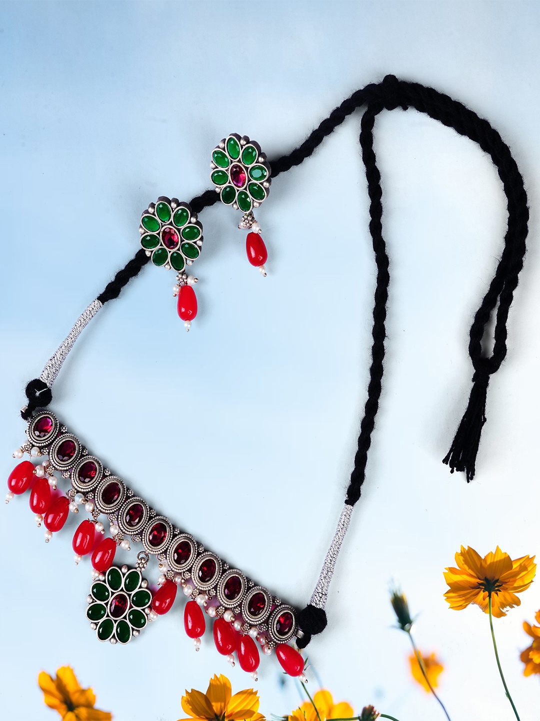 

Bamboo Tree Jewels Silver-Plated Stone Studded & Beaded Jewellery Set