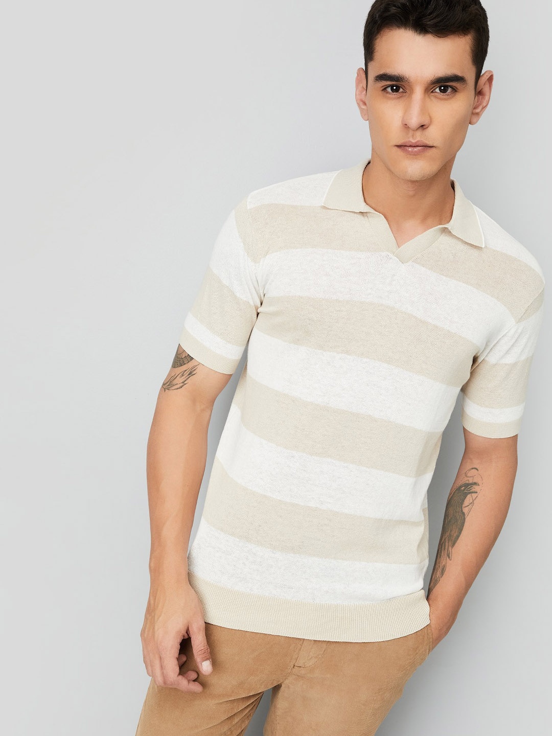 

max Men Striped Round Neck Cotton T-shirt, Beige
