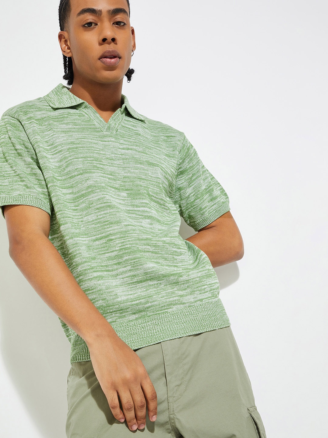 

max Striped Polo Collar Pure Cotton T-shirt, Green