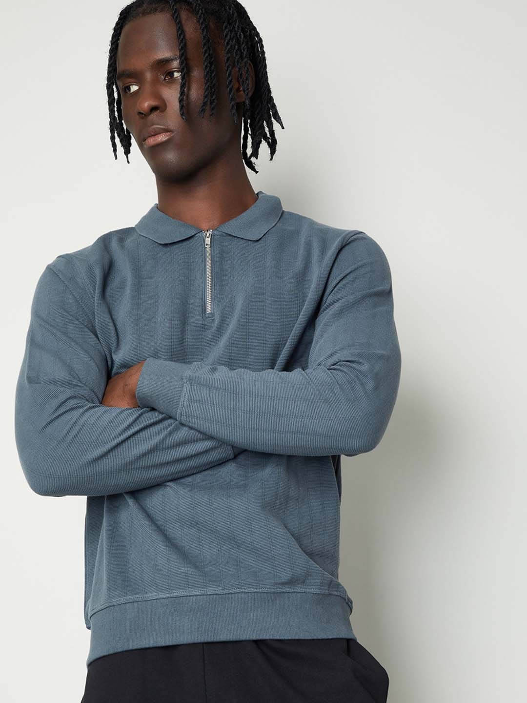 

max Striped Polo Collar T-shirt, Grey