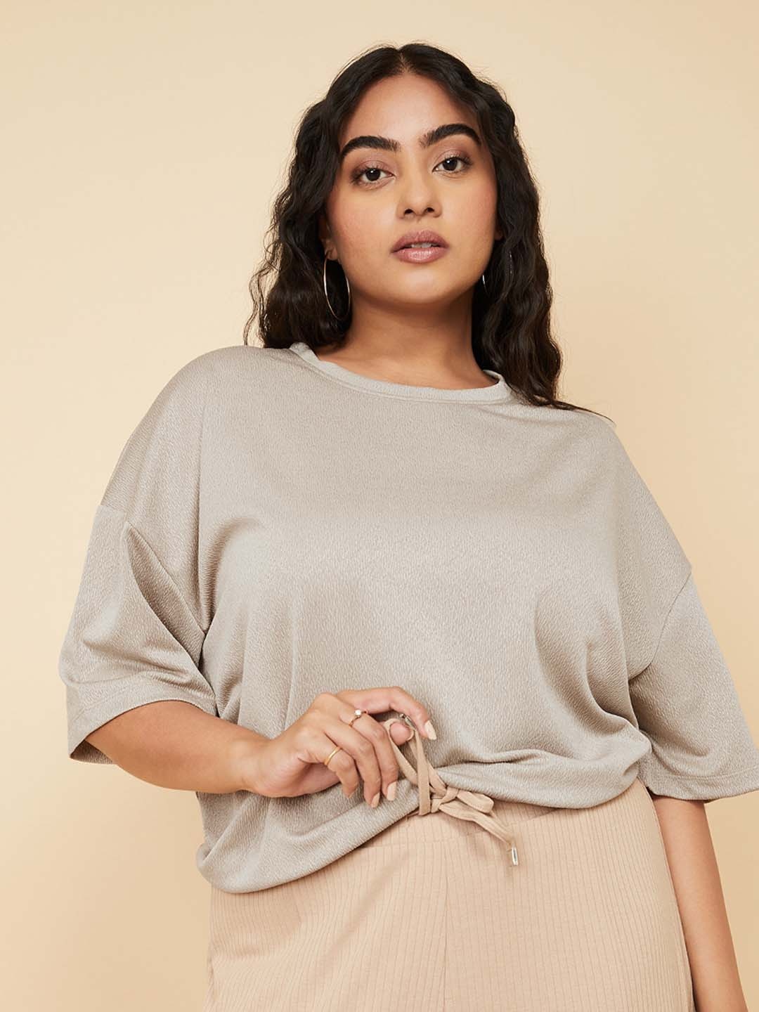 

max Women Plus Size Solid Round Neck Relaxed Fit T-shirt, Beige