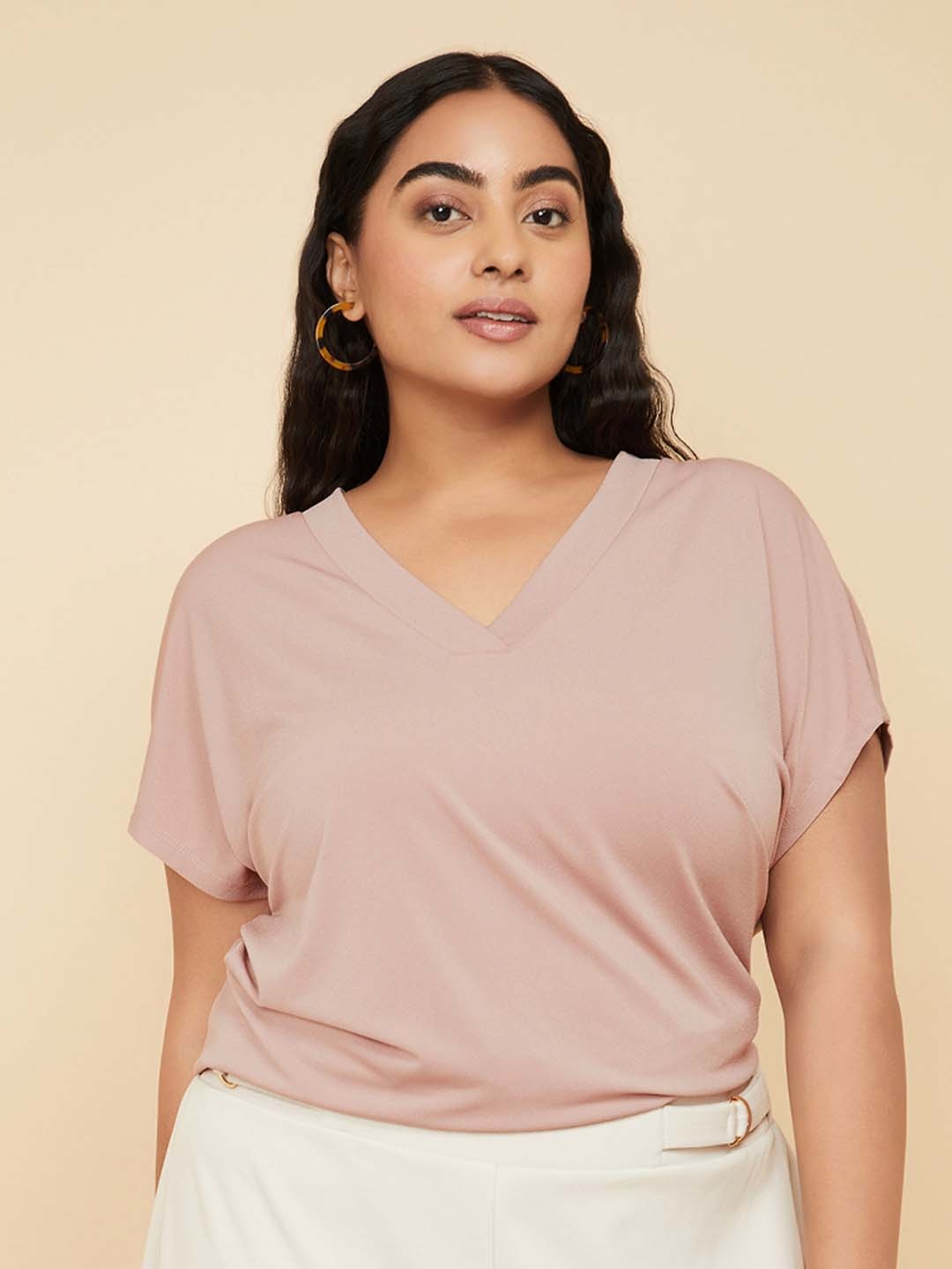 

max Women Solid Extended Sleeves Plus Size T-shirt, Pink