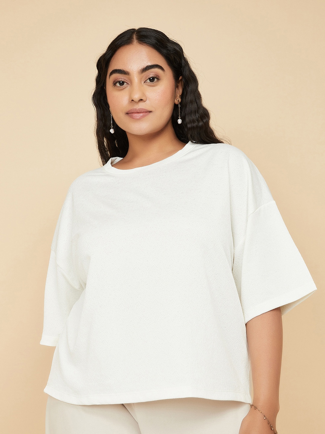 

max Women High Neck Drop-Shoulder Sleeves Pockets T-shirt, Off white