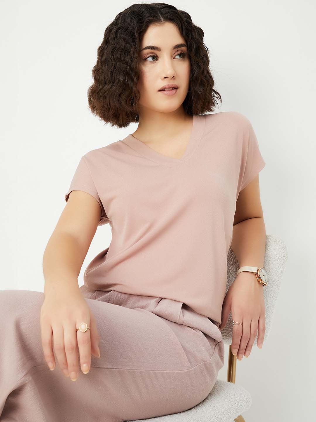 

max Women Solid Round Neck T-shirt, Peach