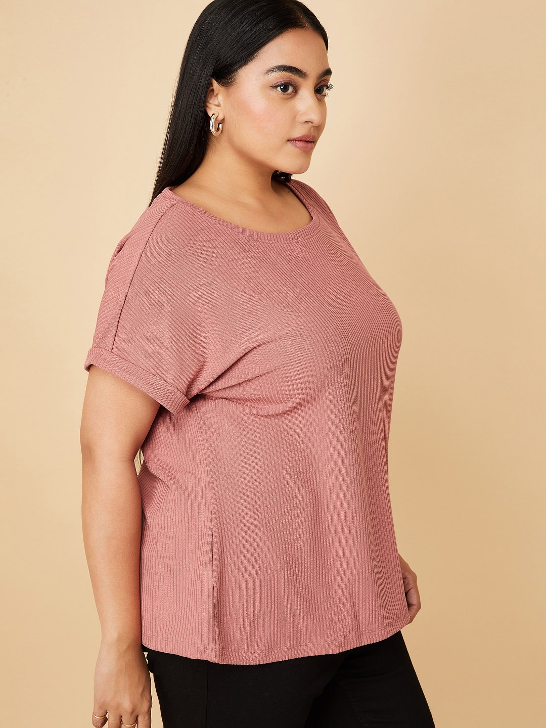 

max Women Plus Size Self Design Round Neck T-shirt, Peach
